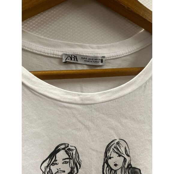Zara Womens Pullover Crew neck Graphic Basic Tshirt White 100% Cotton Size S - Picture 2 of 5
